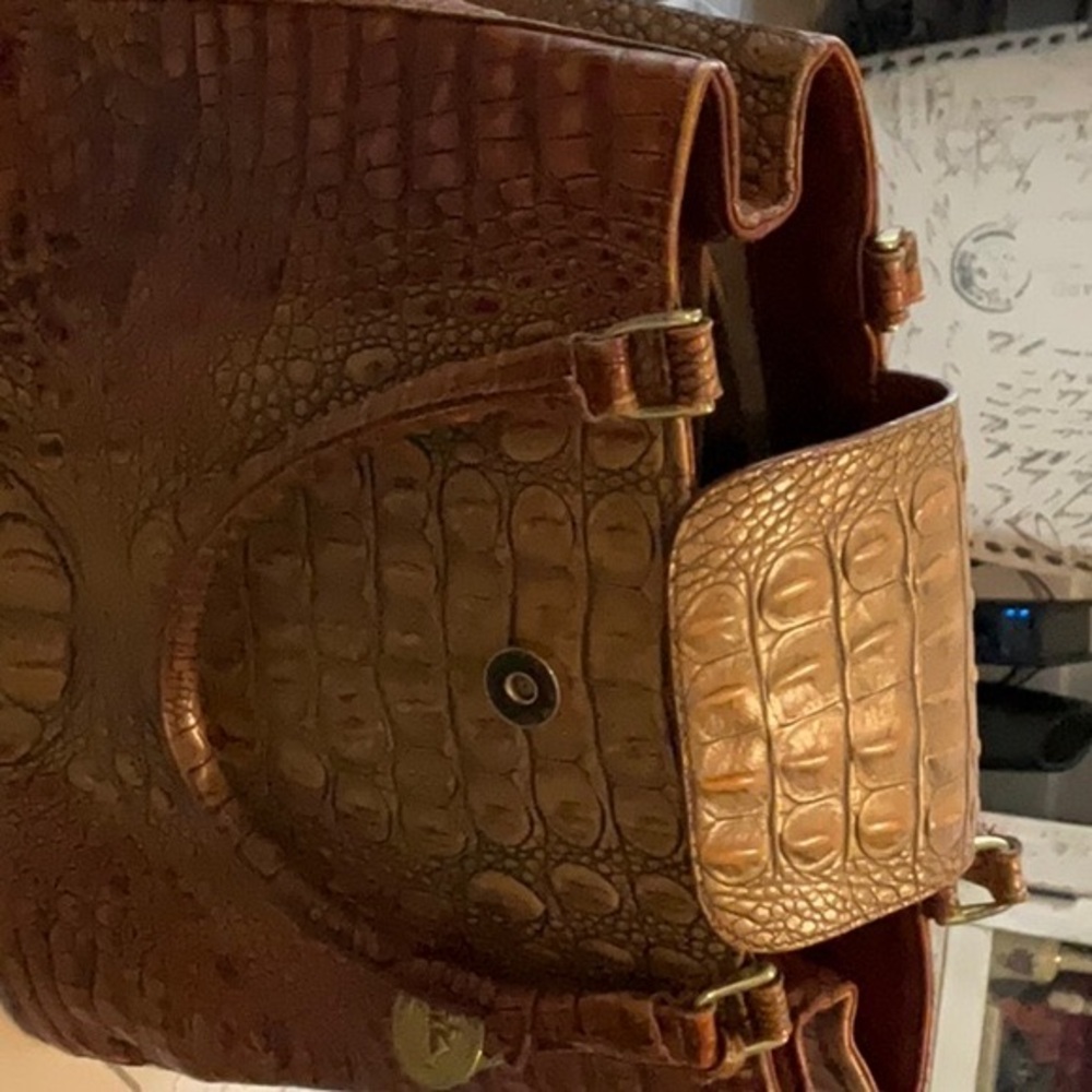 Brahmin Womens Brown Real Leather Double Handle frame Purse Handbag Alligator